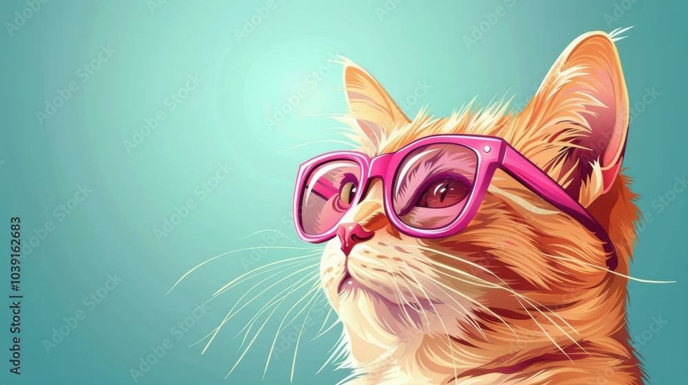 Fototapeta premium This adorable ginger cat with pink glasses steals the spotlight in a vibrant digital artwork against a blue backdrop.