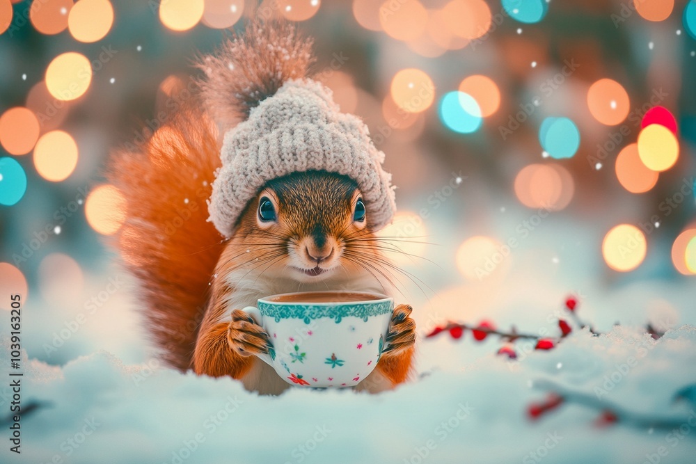 A cheerful cute squirrel in a knitted hat drinks cocoa from a cup A cheerful cute squirrel in a knitted hat drinks cocoa from a cup