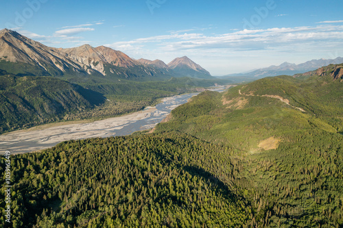 Panoramic view of Matanuska River Valley with coastal and interior mountain landscape along Glenn Highway in Alaska wilderness photo