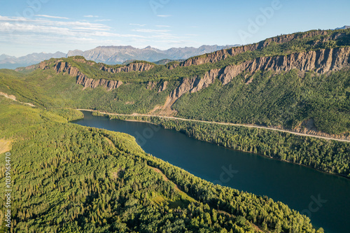 Aerial view of Long Lake and Matanuska River Valley with coastal and interior mountain landscape along Glenn Highway in Alaska wilderness photo