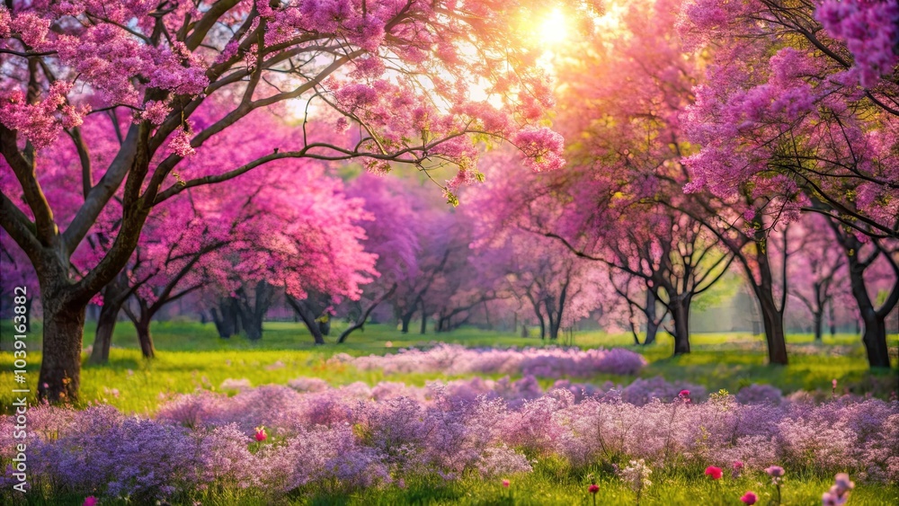 Naklejka premium A Tranquil Orchard Bathed in the Golden Light of the Setting Sun, with Blooming Trees and a Field of Delicate Wildflowers