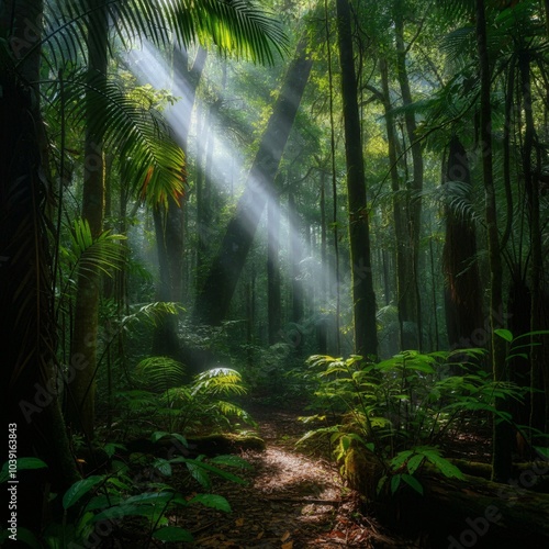 Lush tropical rainforest with rays of sunlight piercing through the trees