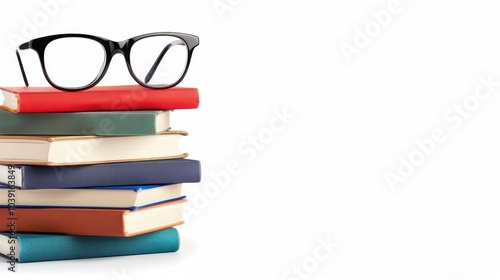 A stylish stack of books with eyeglasses on top, perfect for any reading enthusiast. Ideal for educational themes.