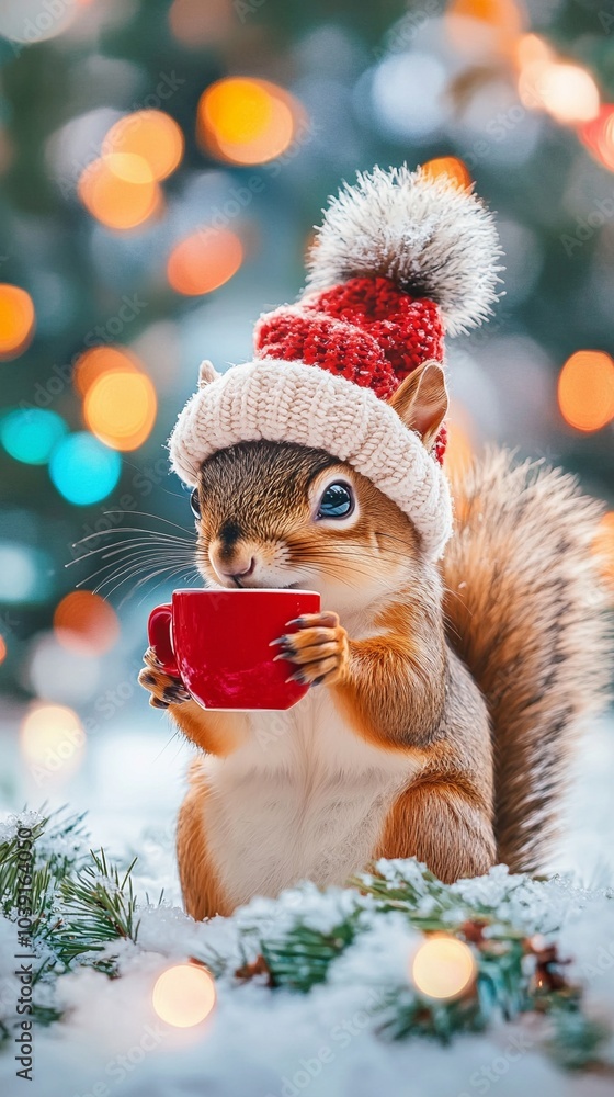 A cheerful cute squirrel in a knitted hat drinks cocoa from a cup A cheerful cute squirrel in a knitted hat drinks cocoa from a cup