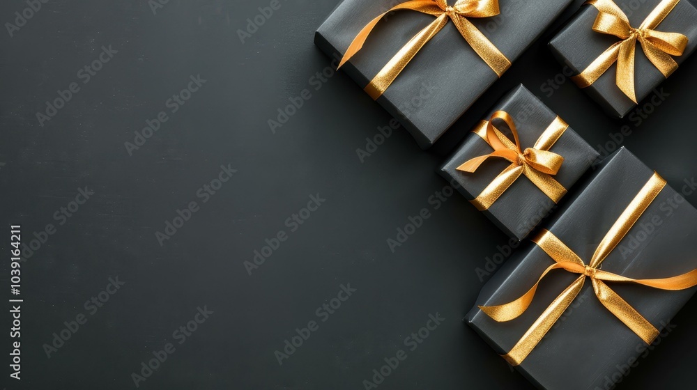 Elegant gift boxes in black paper and gold ribbon stand out against a dark backdrop, perfect for any occasion. Elegant gift boxes in black paper and gold ribbon stand out against a dark backdrop, perfect for any occasion.