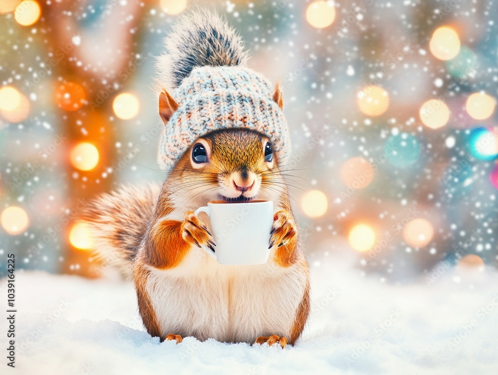 A cheerful cute squirrel in a knitted hat drinks cocoa from a cup A cheerful cute squirrel in a knitted hat drinks cocoa from a cup