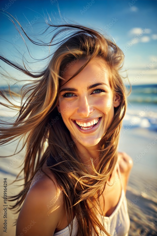 Cheerful Hispanic woman smiling on beach with windblown hair Cheerful Hispanic woman smiling on beach with windblown hair