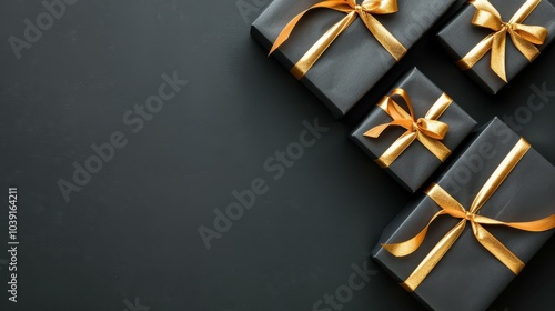 Elegant gift boxes in black paper and gold ribbon stand out against a dark backdrop, perfect for any occasion. photo