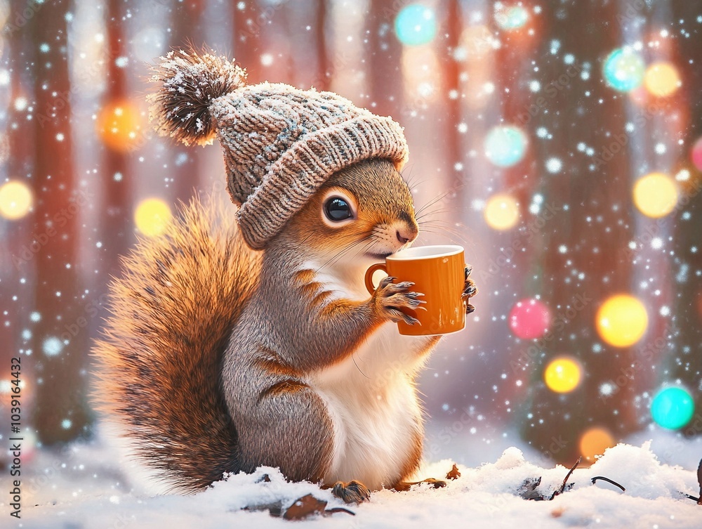 A cheerful cute squirrel in a knitted hat drinks cocoa from a cup A cheerful cute squirrel in a knitted hat drinks cocoa from a cup