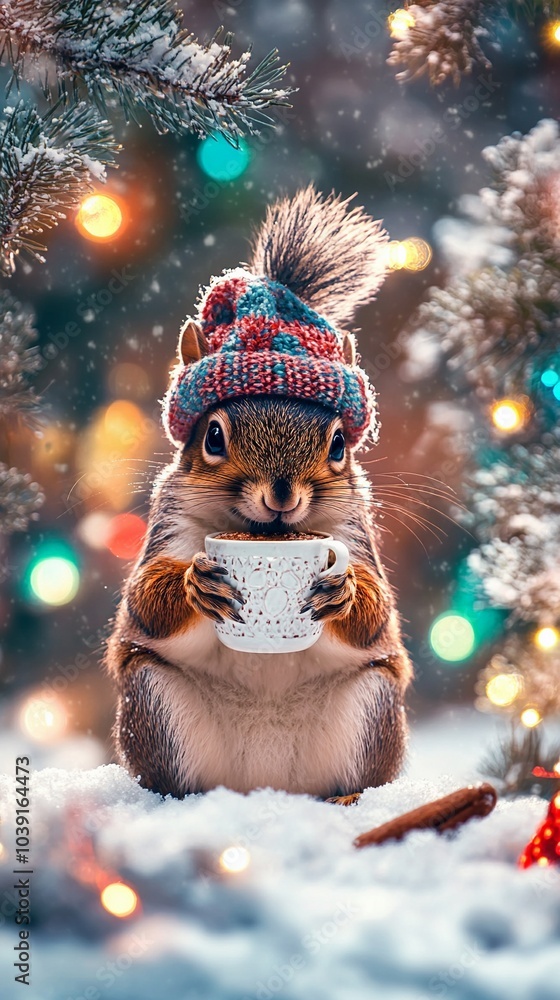 A cheerful cute squirrel in a knitted hat drinks cocoa from a cup A cheerful cute squirrel in a knitted hat drinks cocoa from a cup