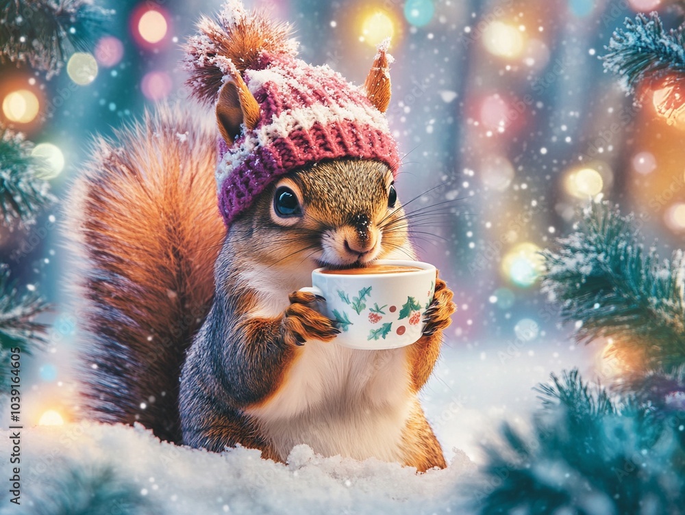 Obraz premium A cheerful cute squirrel in a knitted hat drinks cocoa from a cup