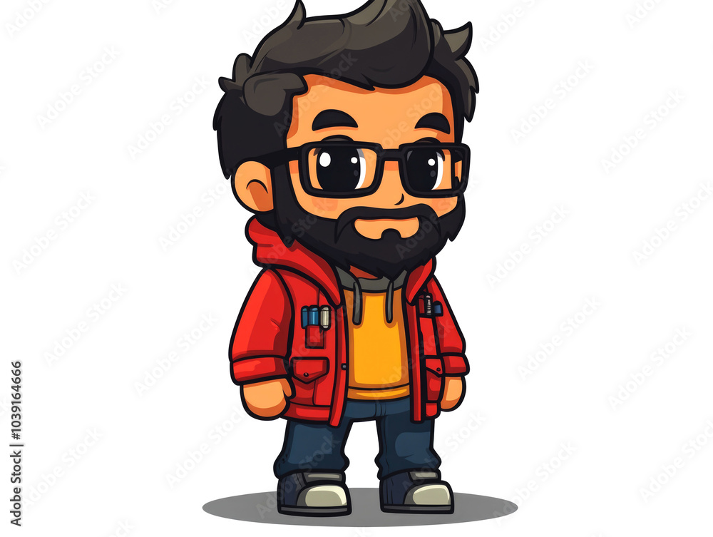 Cartoon illustration of a man with a beard, glasses, and a red jacket. Cartoon illustration of a man with a beard, glasses, and a red jacket.