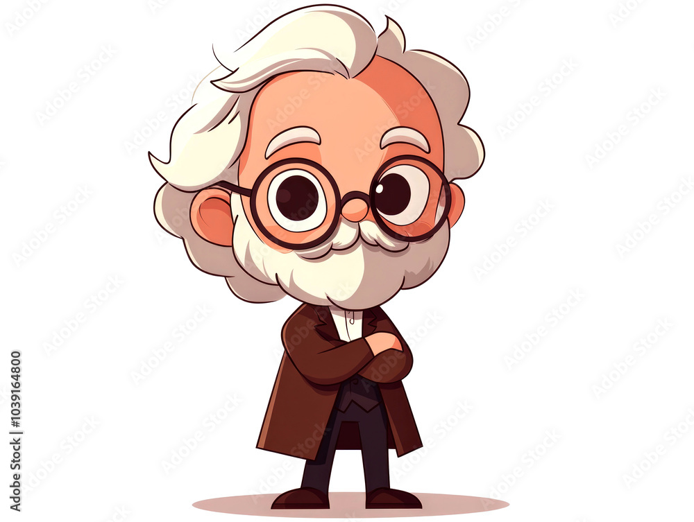 Cartoon illustration of a smiling elderly man with white hair, glasses, and a beard standing with his arms crossed. Cartoon illustration of a smiling elderly man with white hair, glasses, and a beard standing with his arms crossed.