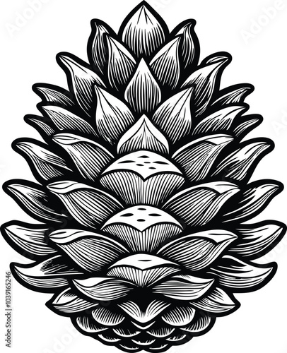 Black and White Pine Cone Engraving - Illustration on White Background