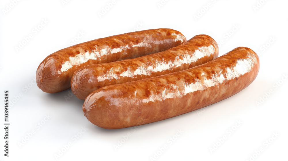 Three cooked sausages arranged neatly on a white background. Three cooked sausages arranged neatly on a white background.
