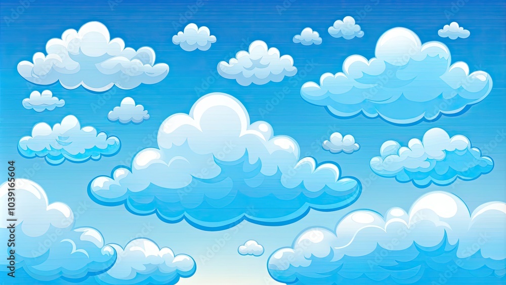 Charming white cartoon clouds float across a vibrant blue summer sky, creating a cheerful backdrop perfect for kids' designs, playful patterns, and joyful summer vibes. Charming white cartoon clouds float across a vibrant blue summer sky, creating a cheerful backdrop perfect for kids' designs, playful patterns, and joyful summer vibes.