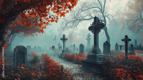 Stone crosses and headstones in a Victorian cemetery, framed by a misty autumn morning with vibrant leaves. Autumn fog