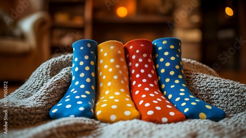 Colorful polka-dotted socks laid out on a soft blanket for a fun and playful look.  photo