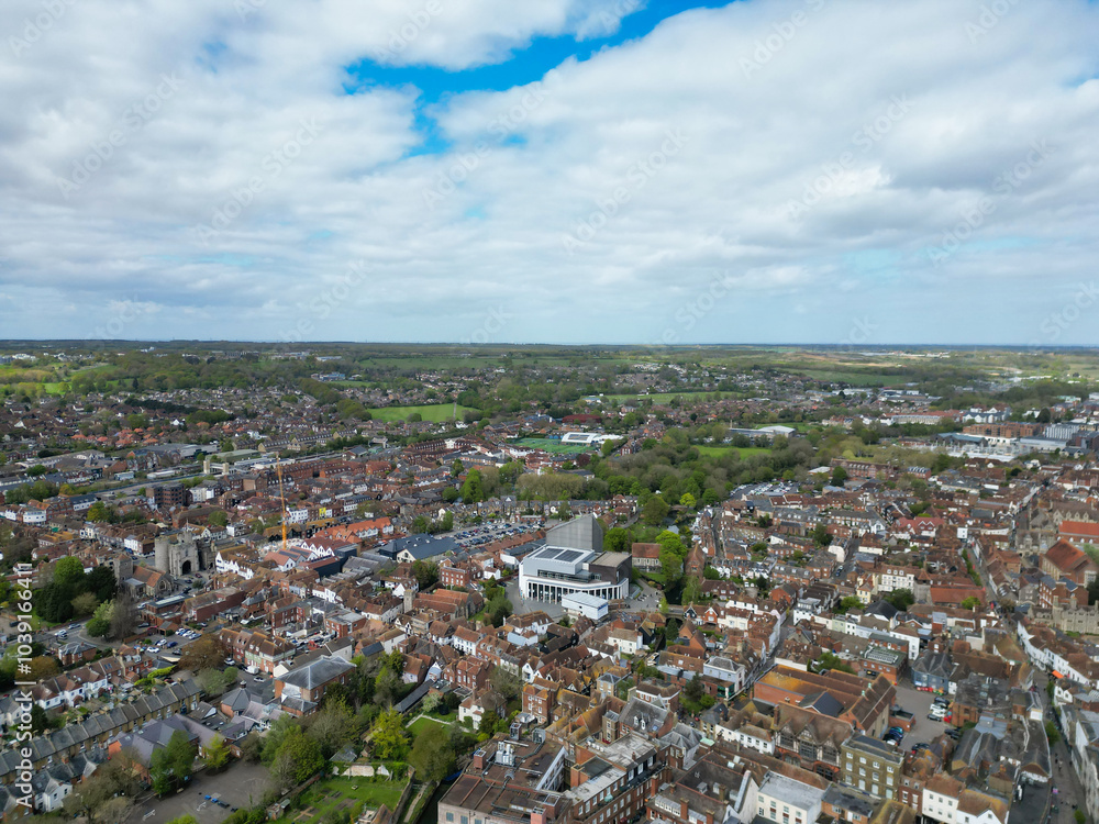 Fototapeta premium High Angle View of Historical Canterbury City of Southeast England United Kingdom. April 20th, 2024, Aerial View Was Captured with Drone's Camera From High Altitude