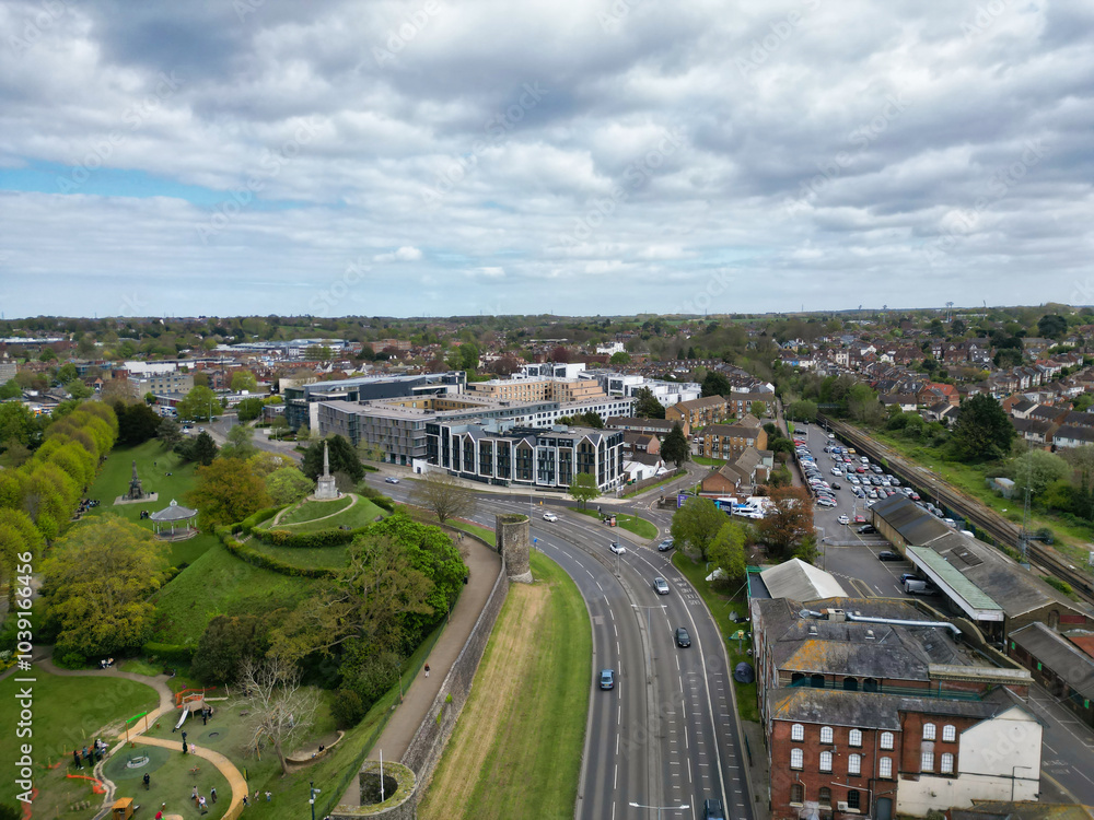 Fototapeta premium High Angle View of Historical Canterbury City of Southeast England United Kingdom. April 20th, 2024, Aerial View Was Captured with Drone's Camera From High Altitude