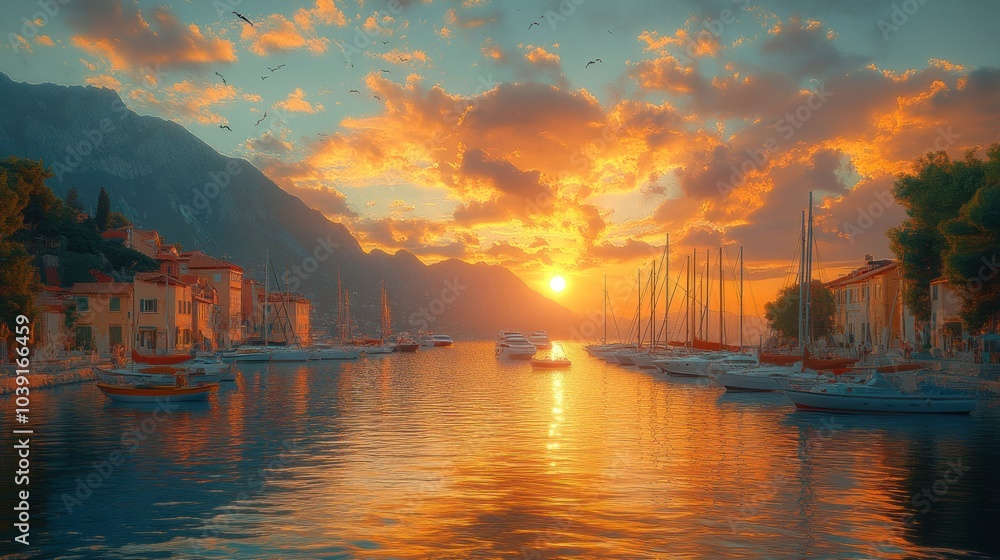 Naklejka premium Serene sunset over a tranquil harbor with boats and mountains.