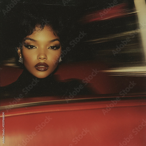 Vintage Style Polaroid Portrait of a Woman with Dramatic Makeup in Motion