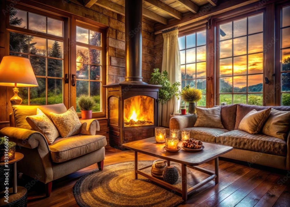 Cozy Living Room with Rustic Wood-Burning Stove in Warm Evening Ambiance | Double Exposure Photography | Inviting Interior Design | Relaxing Home Atmosphere Cozy Living Room with Rustic Wood-Burning Stove in Warm Evening Ambiance | Double Exposure Photography | Inviting Interior Design | Relaxing Home Atmosphere
