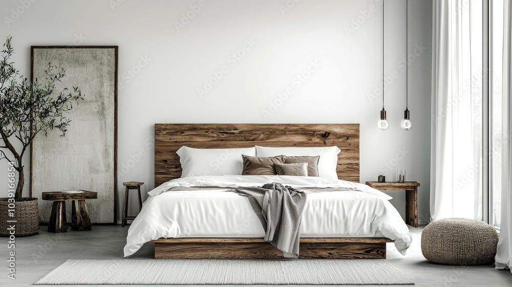 Fototapeta premium Minimalist bedroom interior with wooden bed frame, white bedding, and a large window.