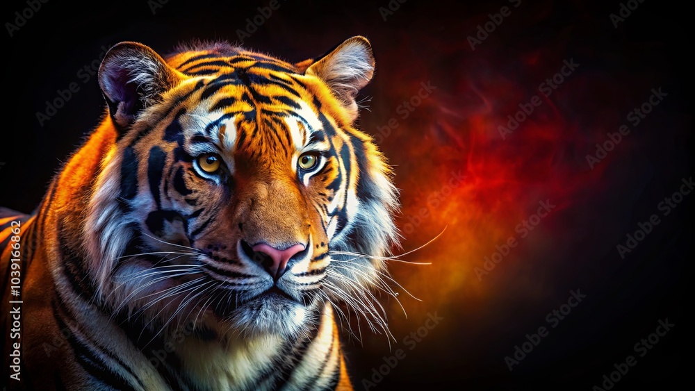 Fototapeta premium A majestic tiger with piercing amber eyes gazes intently into the distance, its orange and black stripes blending with the fiery hues of the abstract background.