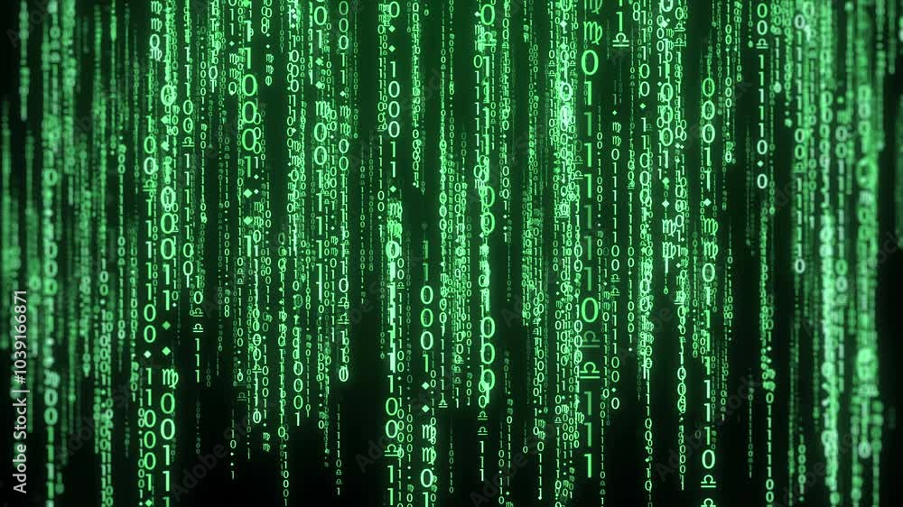 Digital code background with binary code falling looped for technology 