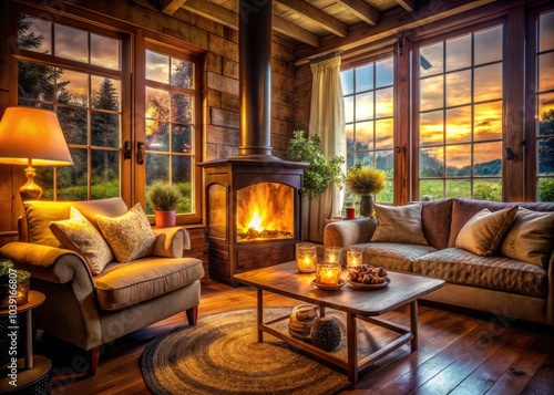 Cozy Living Room with Rustic Wood-Burning Stove in Warm Evening Ambiance | Double Exposure Photography | Inviting Interior Design | Relaxing Home Atmosphere