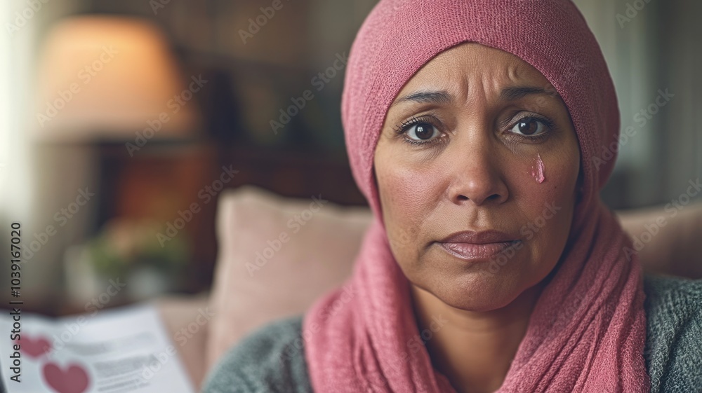 A woman in a pink hijab shows a tearful expression of sadness. A woman in a pink hijab shows a tearful expression of sadness.