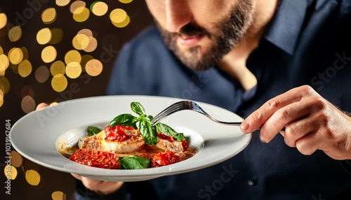 Faceless man eat Saltimbocca in restaurant with bokeh background. Italian Food.