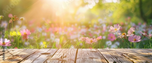 Abstract empty wooden desk tabletop with copy space over spring and summer blurred background,