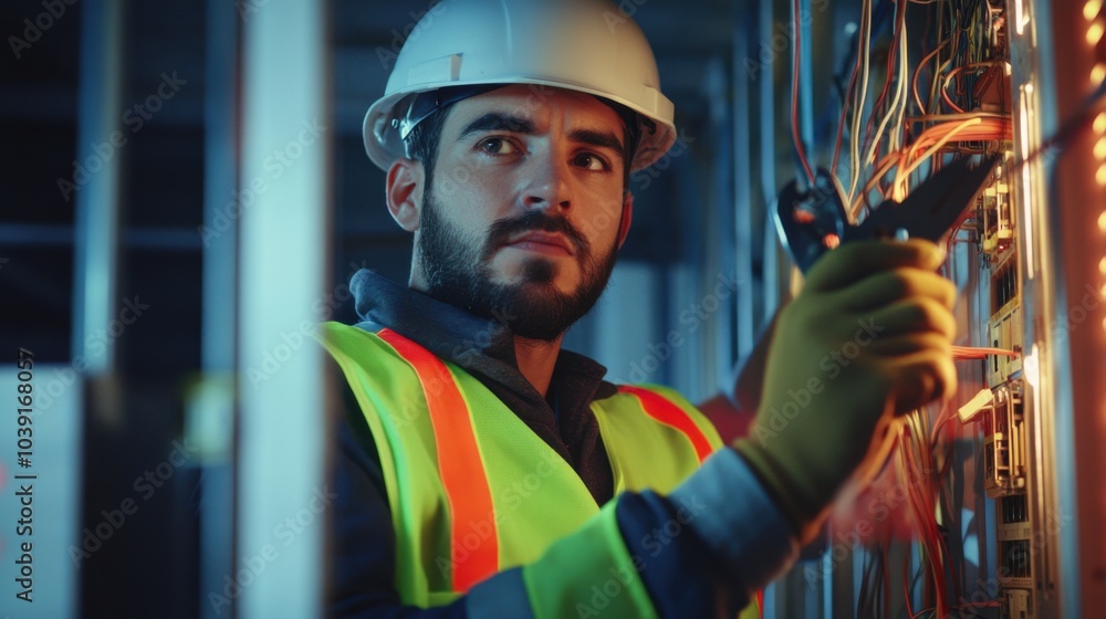 An electrician in a neon safety vest and hard hat, holding a multimeter, with electrical panels and wiring in the background An electrician in a neon safety vest and hard hat, holding a multimeter, with electrical panels and wiring in the background