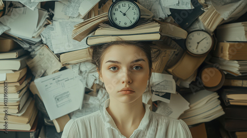 A woman sits amidst a chaotic backdrop of books and papers, symbolizing stress and time management.