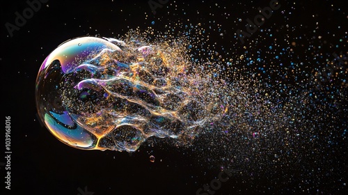 A colorful iridescent soap bubble with a trail of tiny bubbles exploding against a black background.