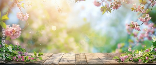 Abstract empty wooden desk tabletop with copy space over spring and summer blurred background, photo