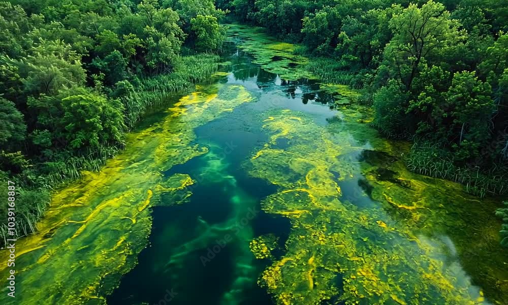 Aerial view of a vibrant green river with algae and lush surroundings. Aerial view of a vibrant green river with algae and lush surroundings.