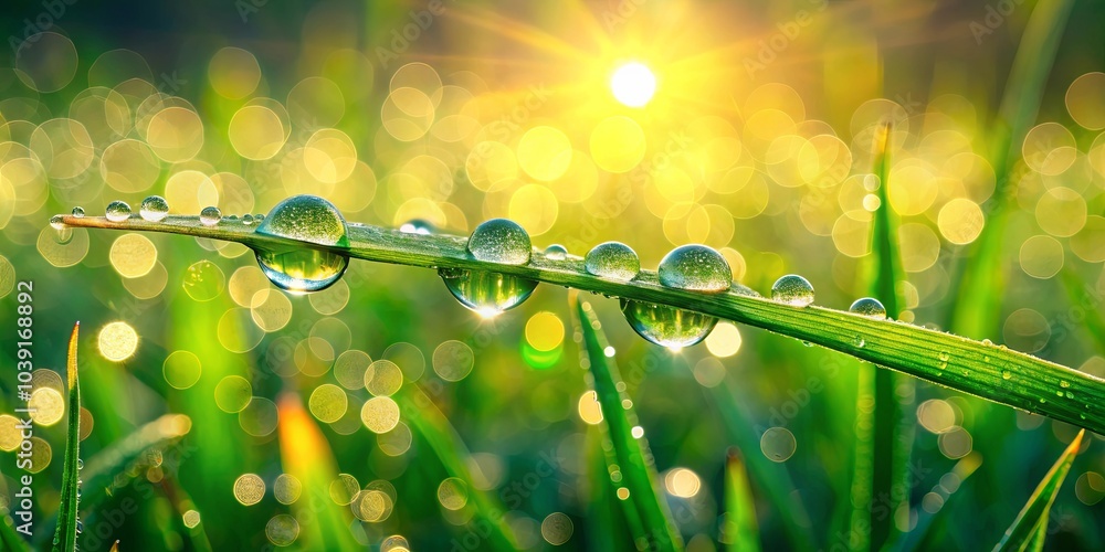 Obraz premium Morning Dew on a Blade of Grass, Captured in the Soft Golden Light of Dawn