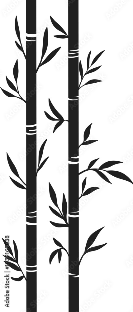 Naklejka premium Bamboo forest stems. Jungle bamboo stems silhouettes, bamboo branches with leaves, decorative bamboo flat vector illustration icon. Black ink trees on white background.
