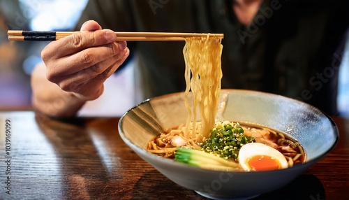 Faceless man eat Ramen in restaurant with bokeh background. Japanese Food.