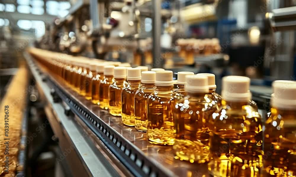 Bottles of liquid on a production line in a factory setting. Bottles of liquid on a production line in a factory setting.