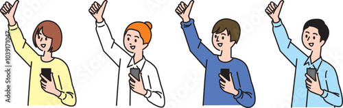 片手にスマホを持ち、もう片方の手で親指を立てサムズアップする若い男女