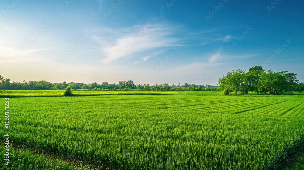 Fototapeta premium An expansive agricultural farm landscape with green fields and a clear blue sky, Agricultural scene, Natural beauty style