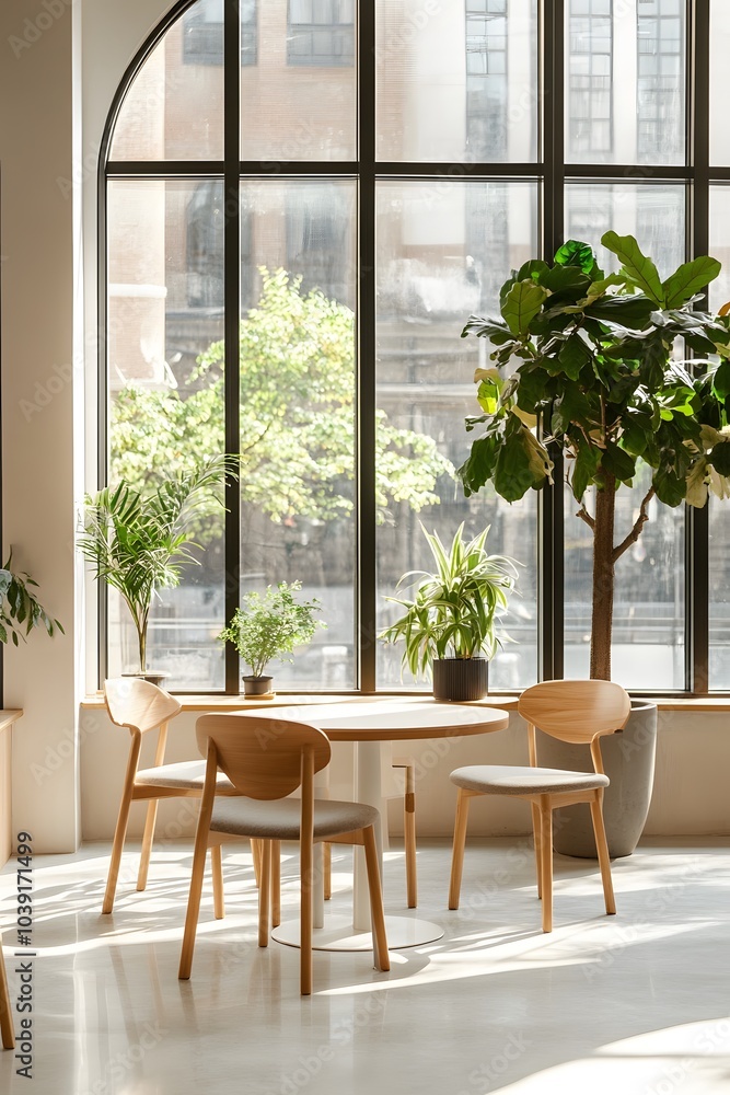 A bright, modern interior with a wooden table, chairs, and various indoor plants by large windows. A bright, modern interior with a wooden table, chairs, and various indoor plants by large windows.