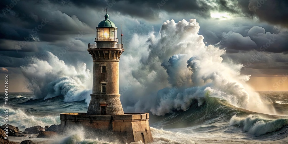 A solitary beacon of hope stands tall against a backdrop of churning, tempestuous waves, its light illuminating the turbulent sky A solitary beacon of hope stands tall against a backdrop of churning, tempestuous waves, its light illuminating the turbulent sky
