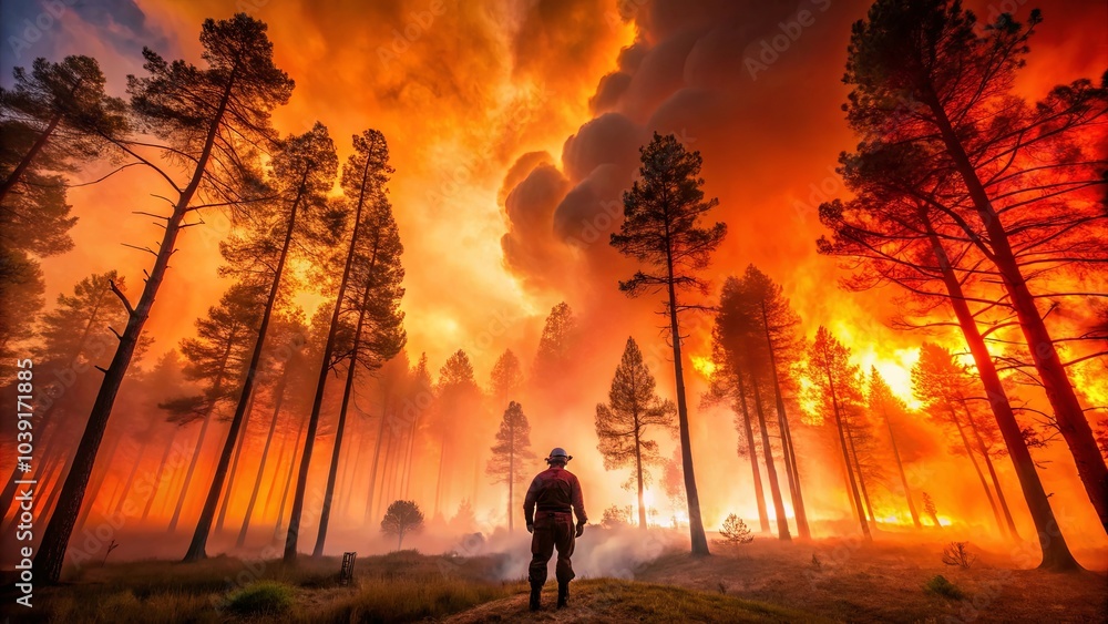 A Solitary Figure Stands amidst a Fiery Forest, Bathed in the Glowing Embers of a Raging Wildfire, As Smoke and Flames Dance Above a Silhouetted Canopy of Tall Trees A Solitary Figure Stands amidst a Fiery Forest, Bathed in the Glowing Embers of a Raging Wildfire, As Smoke and Flames Dance Above a Silhouetted Canopy of Tall Trees
