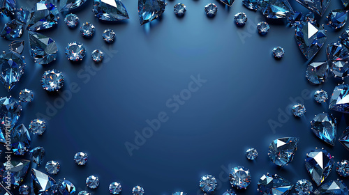 Sparkling blue diamonds arranged in a frame on a dark blue background. photo