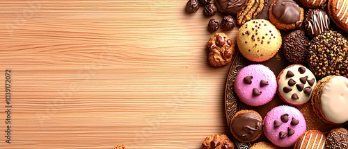 Variety of Colorful Cookies and Treats on Wooden Surface